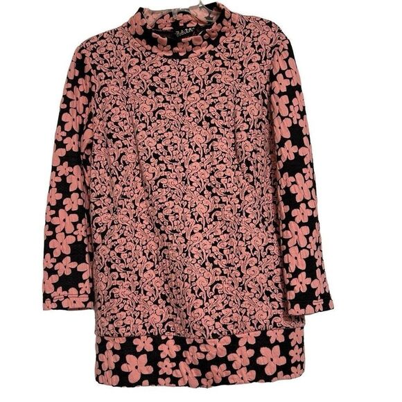 Z•A•Z•A Couture Tunic Top Women's Large Pink Black Floral Long Sleeves - Picture 2 of 11